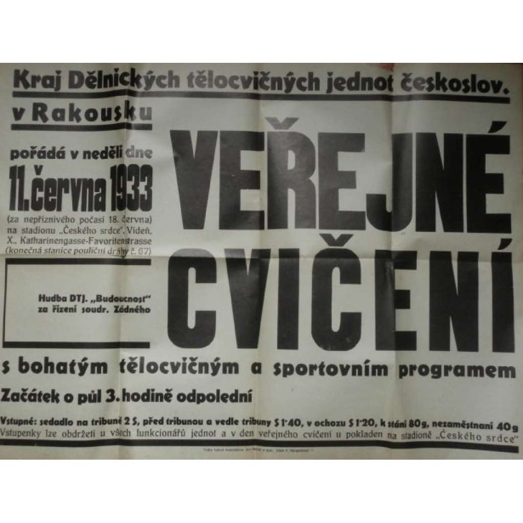 Veřejné cvičení 1933 - plakát [Dělnická tělocvičná jednota v Rakousku; stadion DTJ České srdce, Vídeň Wien; cvičení - sport]